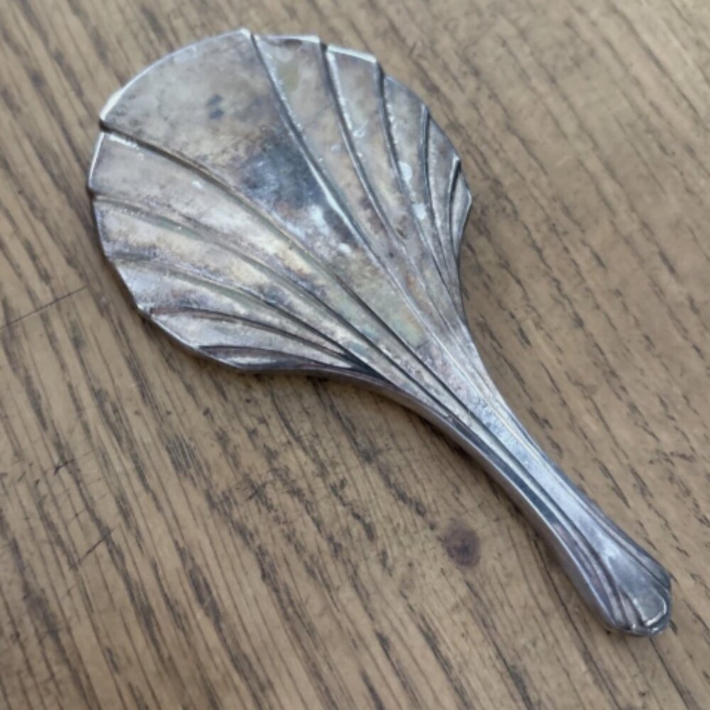 Vtg Small 5'' Silver Plated ART DECO Purse Hand Held Banity MIRROR Shell Style